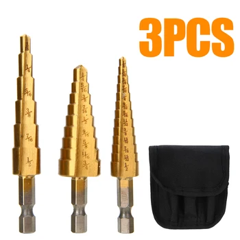 

3Pcs HSS Step Cone Drill Bit Triangular Handle Titanium Coated Metal Drill Bits Set Hole Cutter For Power Tools Accessories