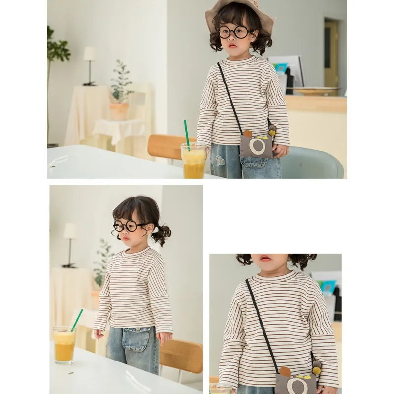 Autumn Winter New Baby Kid 1-7Y Boys Girls Long Sleeve Striped Cotton T-shirt Casual O-Neck Solid Color Comfortable Tees