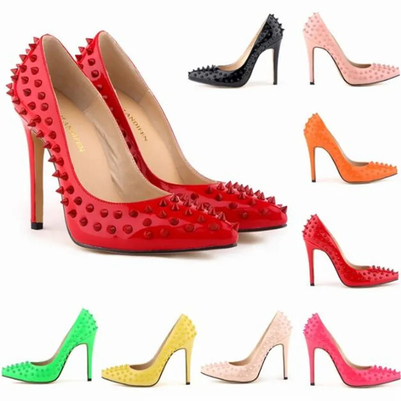 New Women Sexy Party Pointed Toe Pumps Solid Color Thin High Heels Shoes Patent Leather 11CM Slip On Rivet 2023 size 35-42