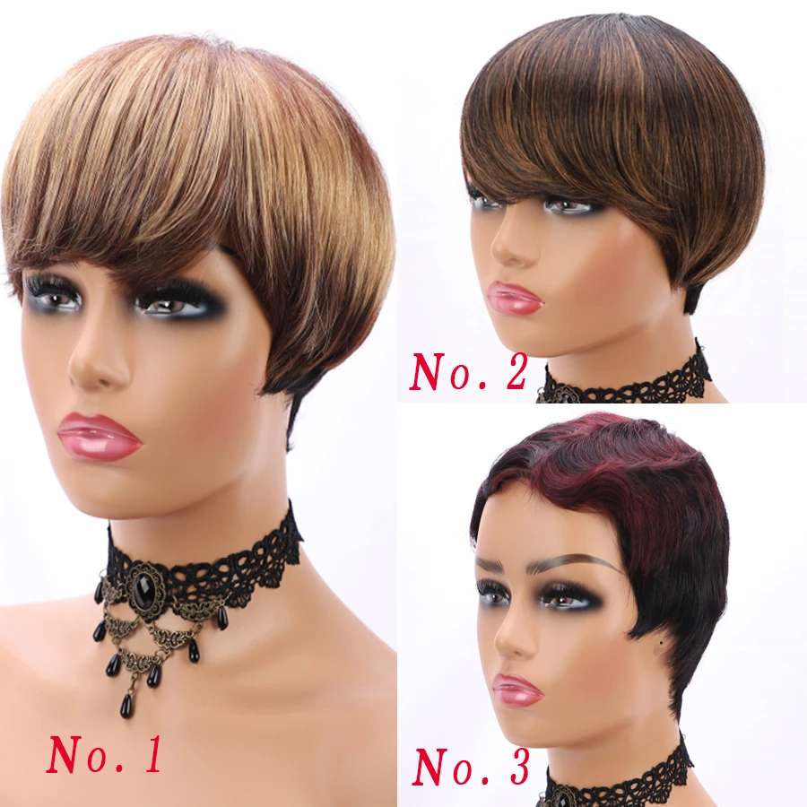 Glueless Wigs Short Pixie Cut Human hair Wigs Highlight Color Brazilian