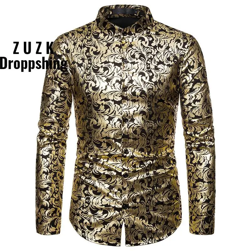 Shiny Gold Floral Print Shirt Men Slim 