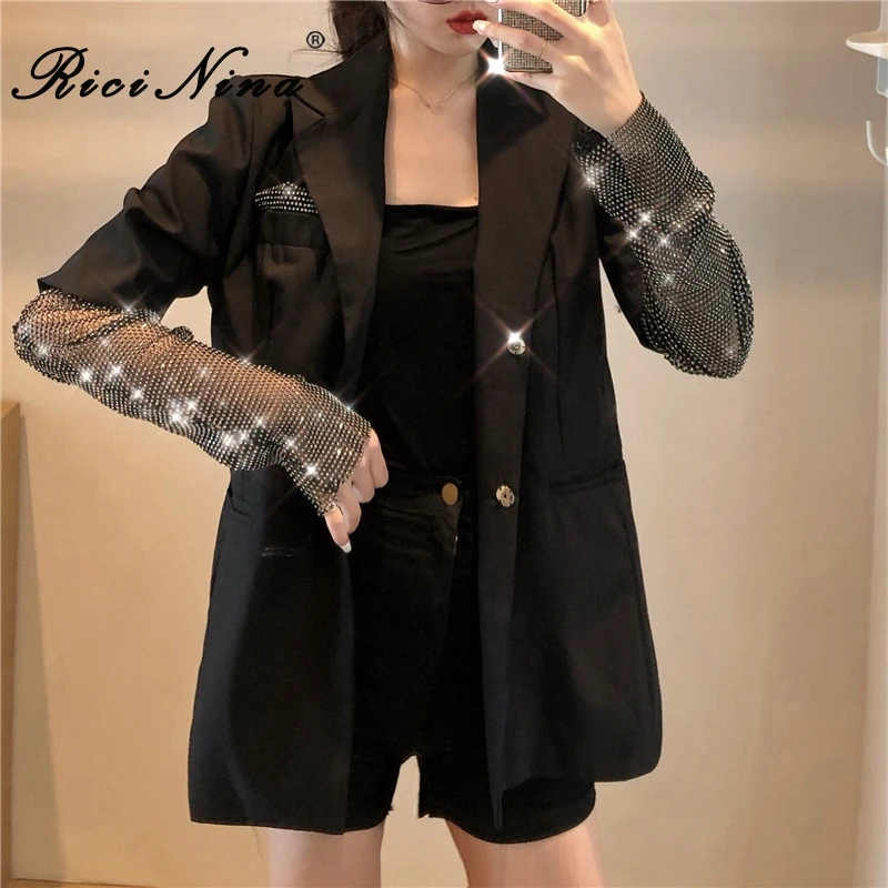 

RICININA Suit Jacket Women Elegant 2020 Buttons Diamond Patchwork Chic Balck Coats Women Jackets Long Sleeve Outwear Sprng Coat