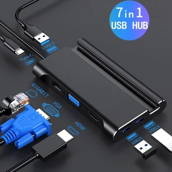

HDMI VGA HUB USB C extension dock USB 3.0 HDMI VGA RJ45 PD LAPTOP 4K high definition output 7 in 1 with mobile phone stand