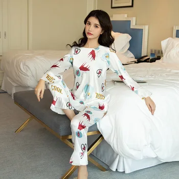 

2PCS Sleep Set Female Satin Pajamas Kimono Bathrobe Gown Intimate Lingerie Print Homewear Pyjamas Casual Shirt&Pants Sleepwear