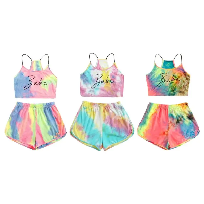 Women Tie-Dye Letter 2 Piece Set Gradient Rainbow Cami Crop Top Shorts Tracksuit