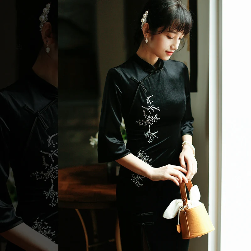 ROJAY, китайское модное женское платье Cheongsam с высоким разрезом, облегающее платье, винтажное бархатное платье, Осень-зима, для молодых, стоячий воротник, черное
