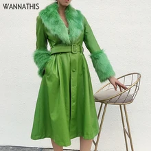 WannaThis Faux Leather Fur Coat Women With Belt Warm Thick Outwear PU Leather Streetwear Female Elegant Outwear Long Coat Green