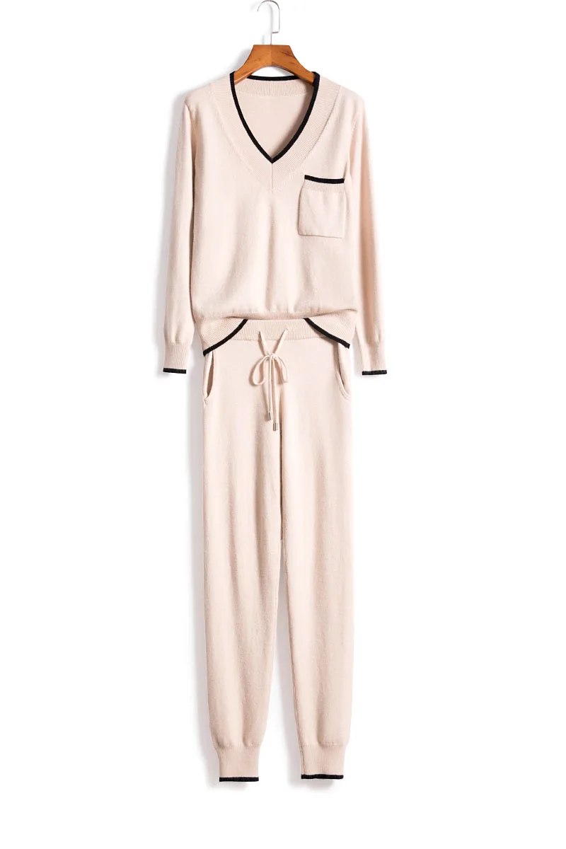 Time-limited Full Wool New Cashmere Suit Fashion Color Matching V-neck Sweater And Feet Pants Warm Two Piece Set Apricot