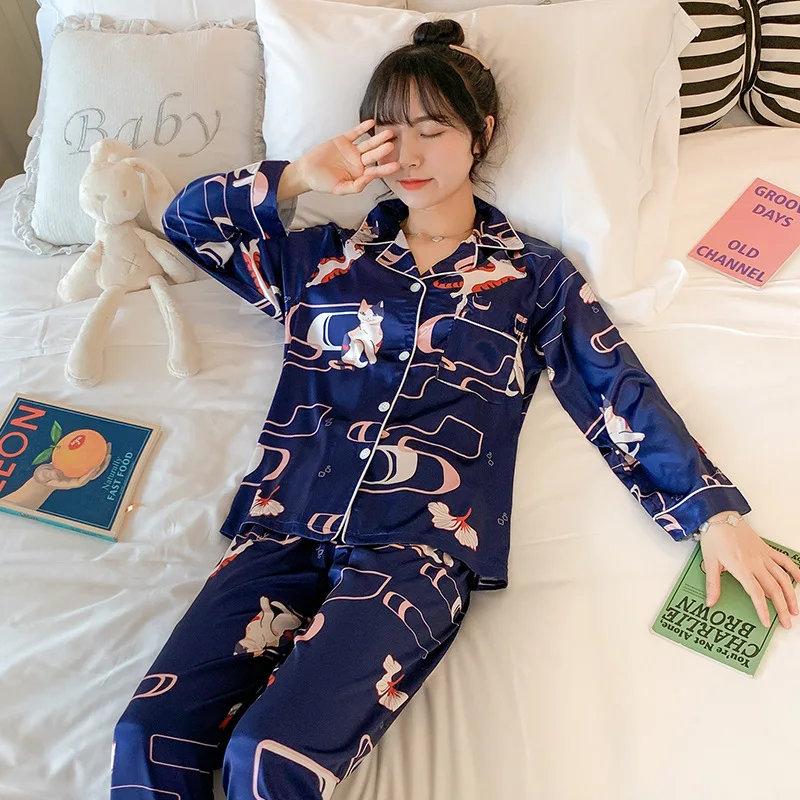 

Viscose Pajamas Women's Spring And Autumn Thin Long Sleeve Cute Cat Two-Piece Set Silk Students Summer Home Wear