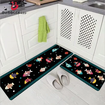 

Bubble Kiss Cartoon Colorful Fish Pattern Strip Kitchen Mat Polyester Wrinkle-Resistant Welcome Mats for Front Door Floor Mat