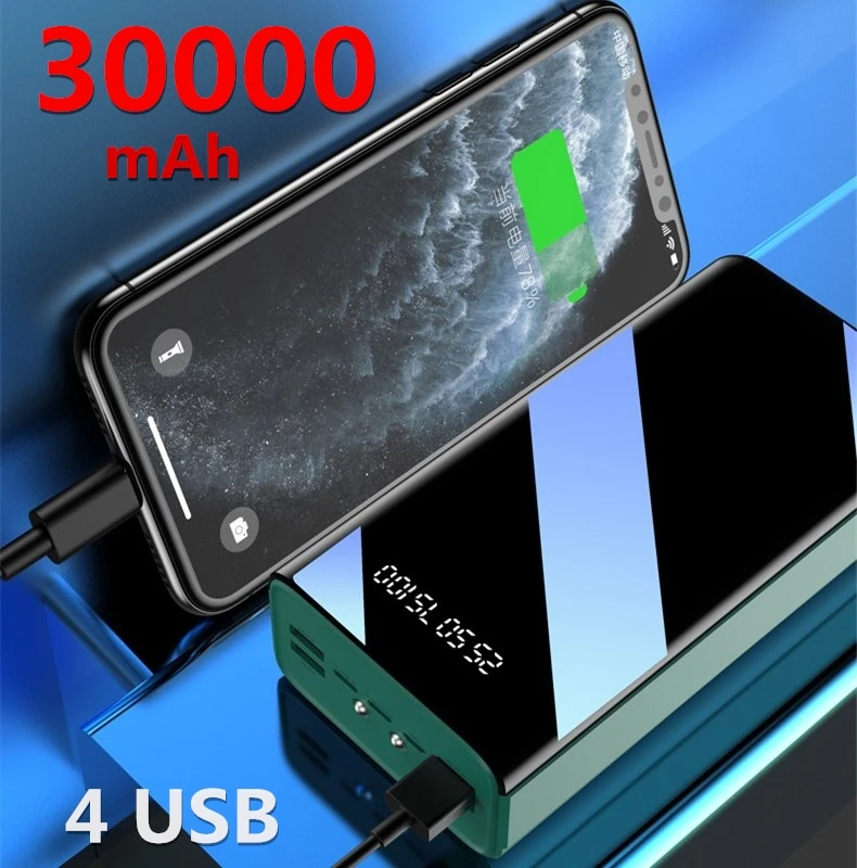 30000 mAh Qi Беспроводное зарядное устройство Встроенный 4 кабеля зеркало осыпание