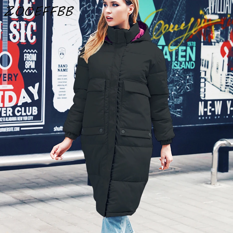 

ZOOEFFBB Winter Winter Jacket Women Thick Clothes Hooded Parka Puffer Jacket Rave Windbreaker Overcoats Female Long Bubble Coat
