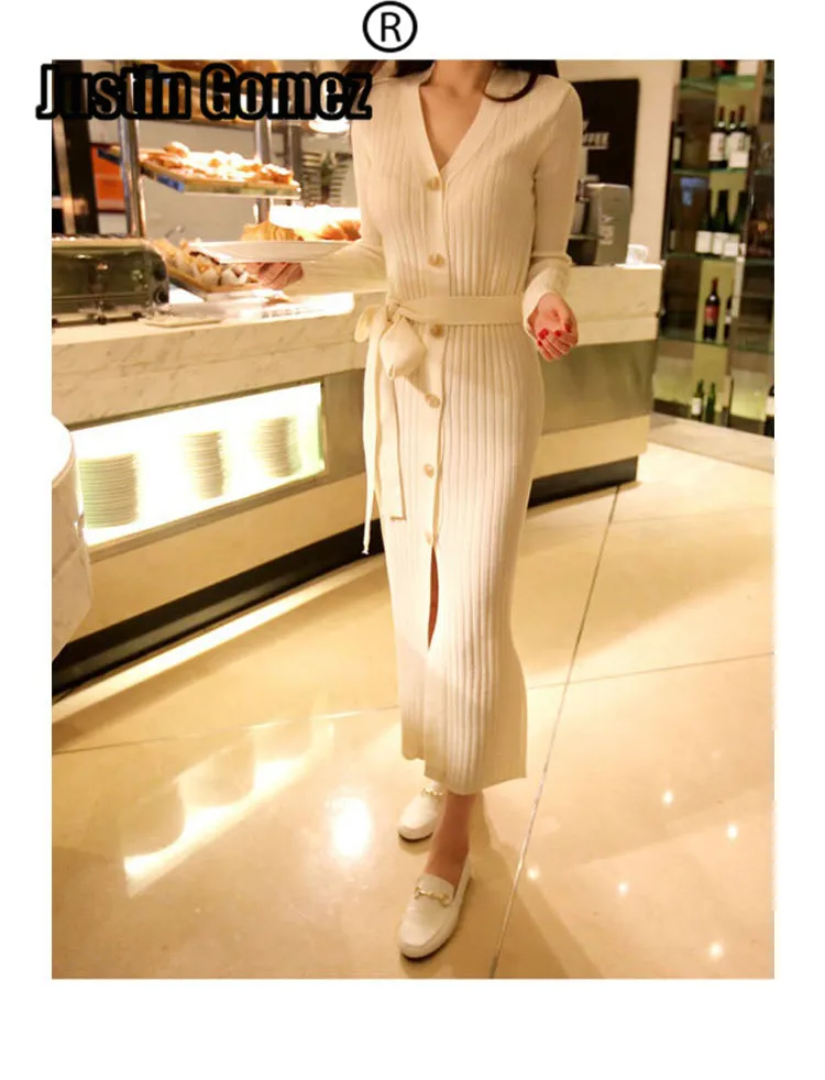 

2019 Autumn New Women's Split Knit Dress Sweater with Belt Elegant Lady Bodycon Slim Fitting V Neck White Coat of the Feminine