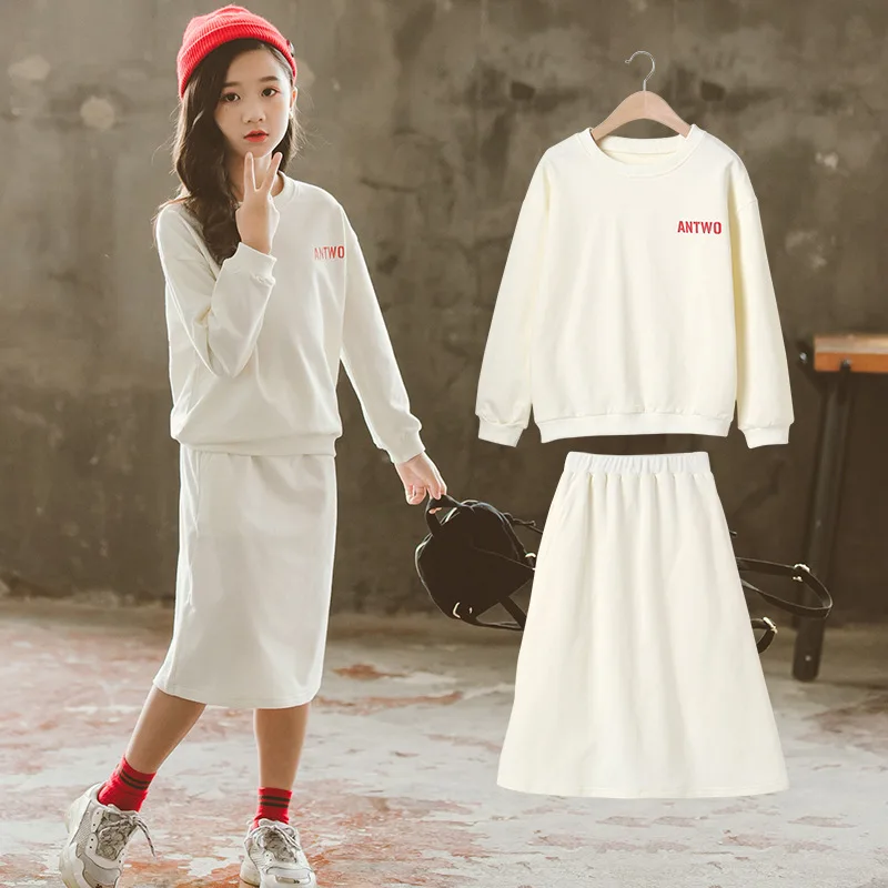 Sweatshirt Skirt Комплект одежды для девочек, толстовки с длинными рукавами и однотонные юбки детский комплект из двух предметов, топы с буквенным принтом, осенняя одежда для детей 10-12 лет - Цвет: Sweatshirt Skirt