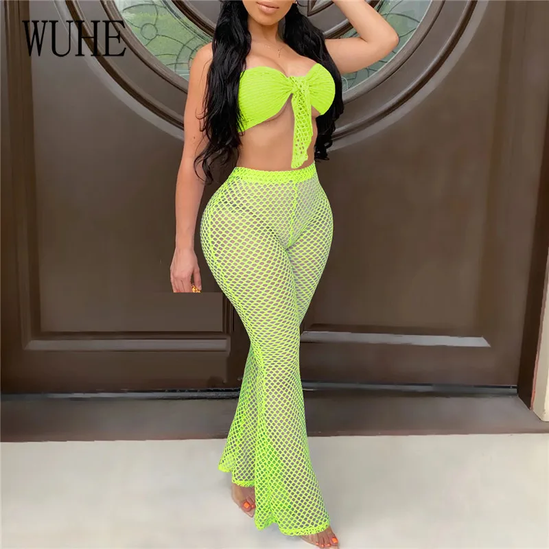 

WUHE Women Solid Color Strapless Gauze Mesh Two Piece Set Bow Tie Up Crop Tops Wide Leg Jogger Pants Suit Tracksuit Matching Set