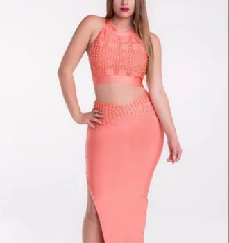 

High Quality Sexy Halter Bandage Dress Night CLub Hollow Out Beading Bodycon Celebrity Party Dress Two Piece Set
