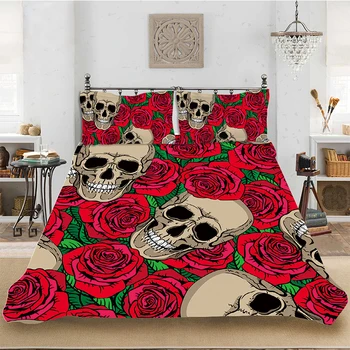 

Bedding set Bedclothes Include Duvet Cover Pillowcase Print Home Textile Bed Linens Rose Skull Comforter Soft King-Full Size