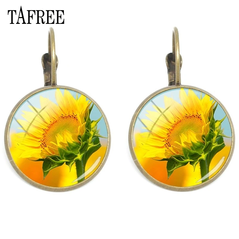 TAFREE, клипсы в виде подсолнуха, стеклянные драгоценные камни, художественное фото, ушные клипсы, античная бронза, покрытые вручную, серьги для женщин, модное ювелирное изделие, XR05