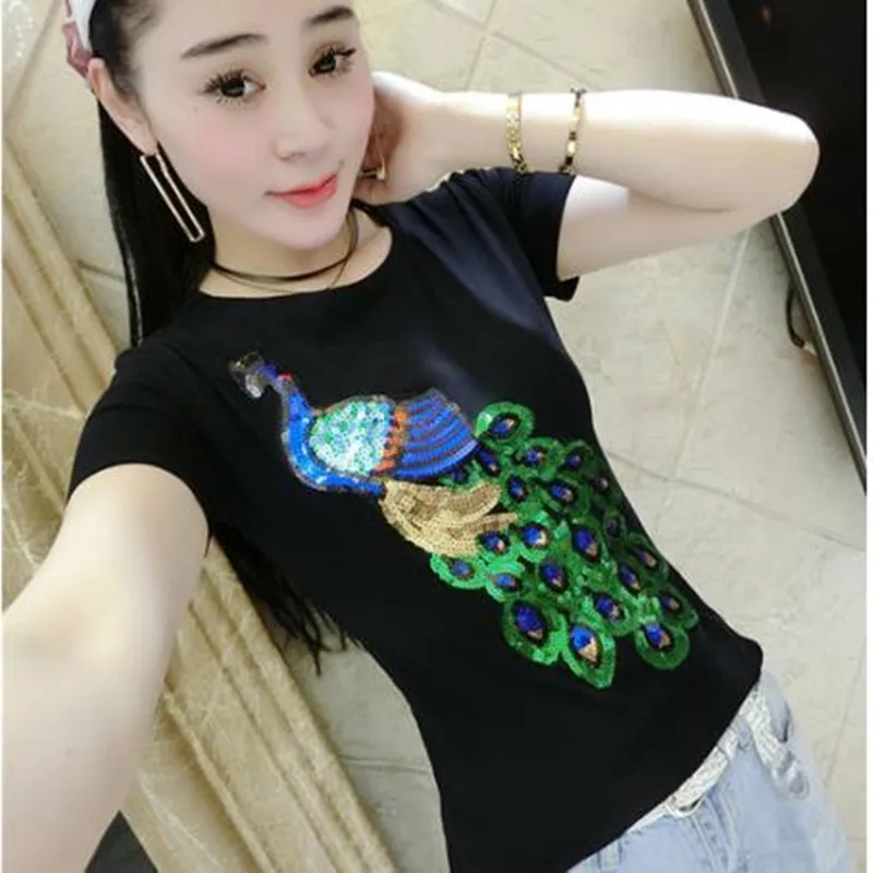 Camisetas mujer verano, летние хлопковые футболки с пайетками, женские топы с короткими рукавами, женские футболки, желтые, черные, для девушек - Цвет: picture color