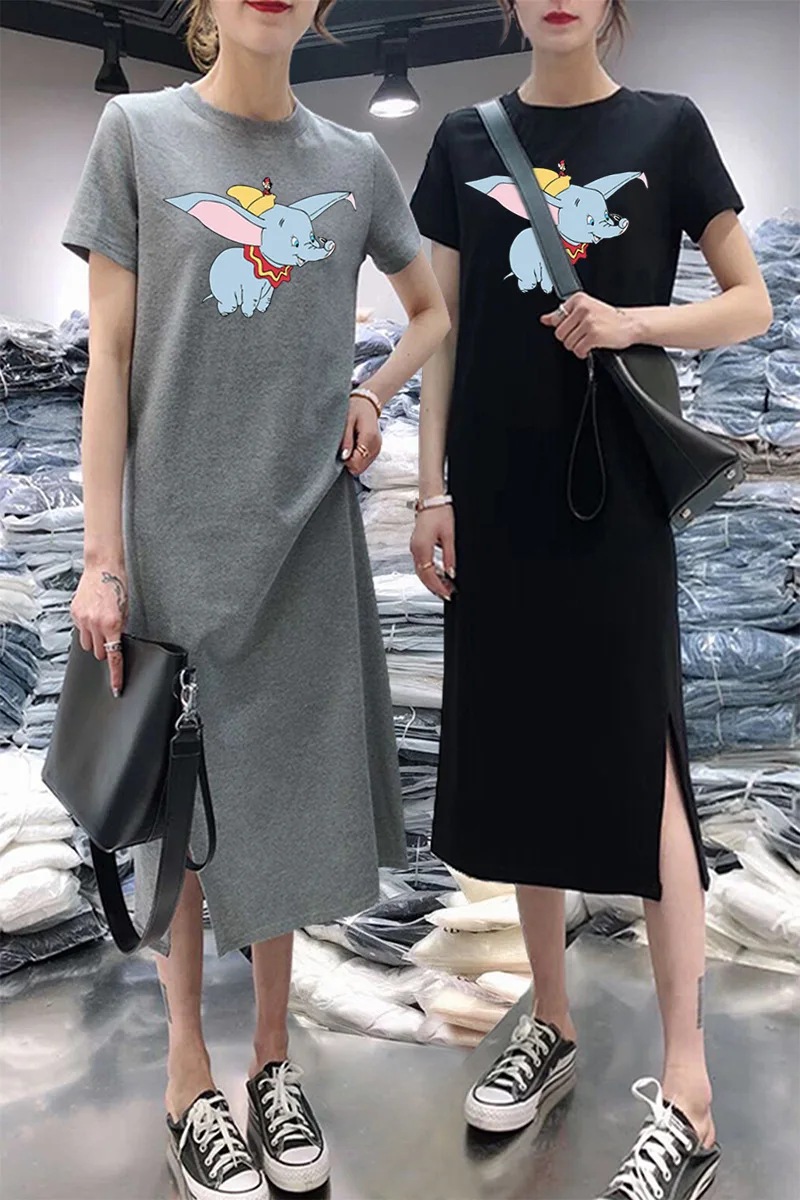 

Europe And America Dumbo Summer Dress Casual Belly Covering Large Size Loose-Fit Mid-length over-the-Knee Base T-shirt Dress
