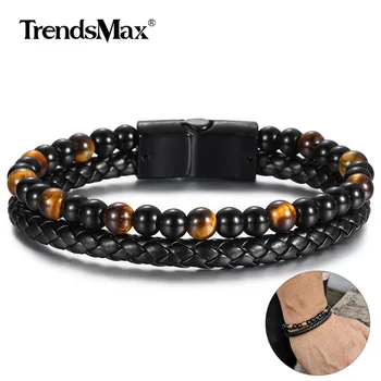 

Double Layered Beaded Bracelet Yellow Tiger Eye Glass Bead Black Leather Bangle Magnetic for Him Male Jewelry Gift DLB194