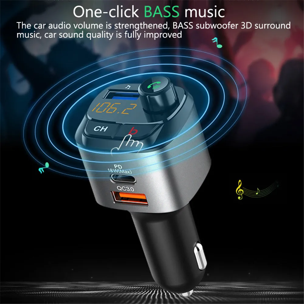 QC3.0 PD 18W Bluetooth 5.0 FM Transmitter Car Player Kit CardDual USB Charger Quick With Digital Voltmeter Type C | Автомобили и