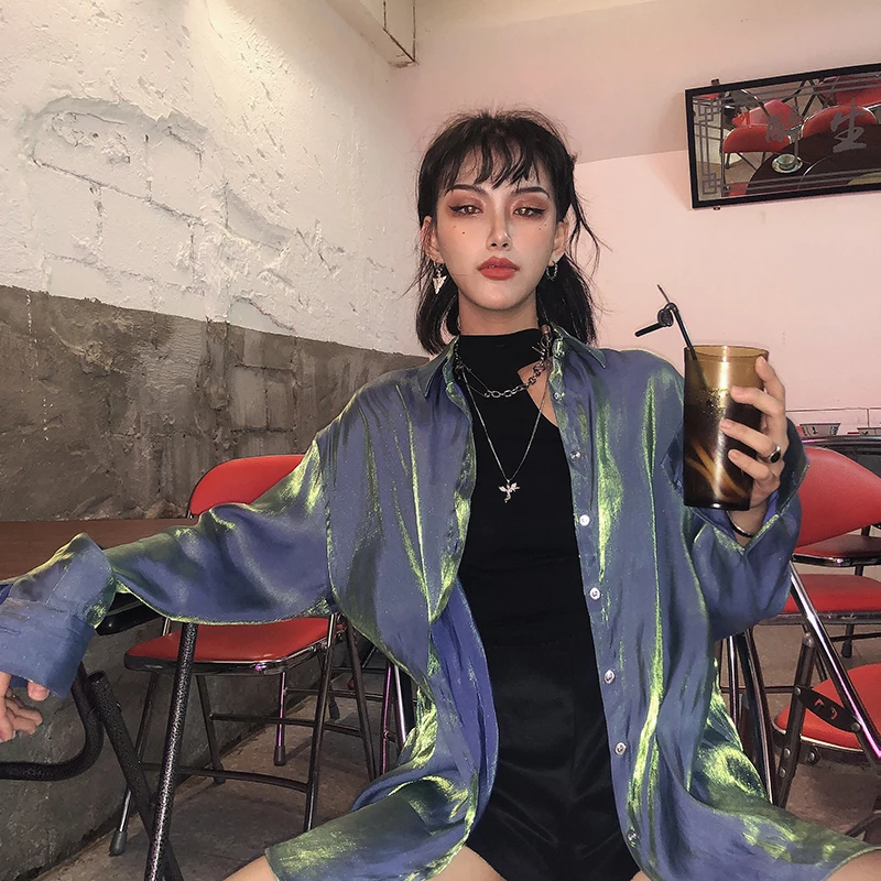Лето Harajuku Лазерная блестящая повседневная рубашка для женщин с длинным рукавом серый синий крутые блузки Защита от солнца одежда тонкий солнцезащитный Топ