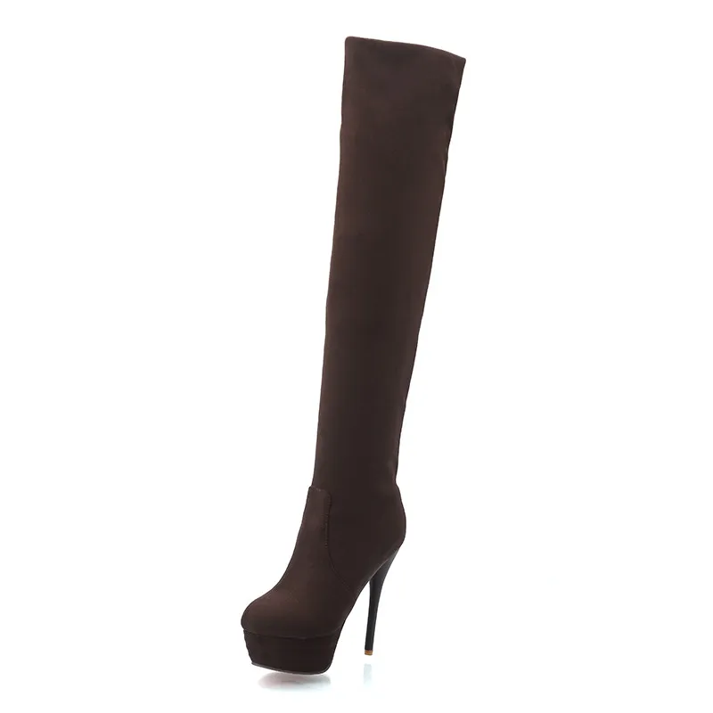 RIBETRINI Sexy Over The Knee Boots Women Flock Round Toe Thin High Heels Platform Boots Sexy Party Club Shoes Woman
