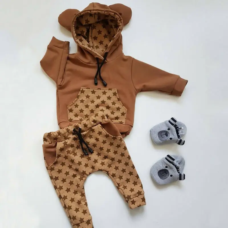 Emmababy, повседневные топы с капюшоном для маленьких мальчиков и девочек, штаны, комплект одежды из 2 предметов