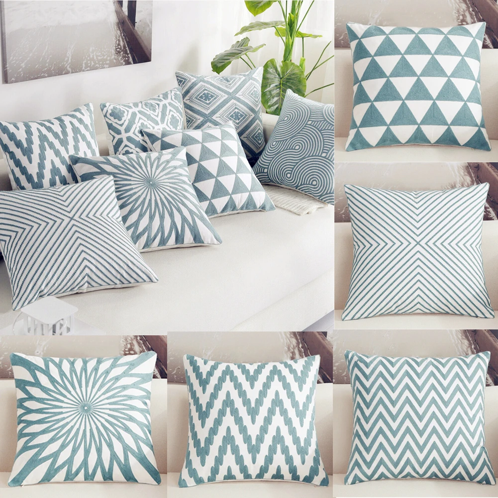 Hot sale Geometric Blue Cotton Throw Pillow Cover Home Office Waist Case Cushion Gift