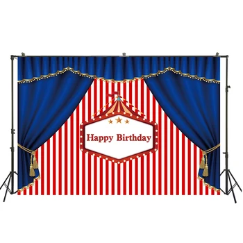 

HUAYI red and white stripes fabric with blue curtain backdrop children birthday party decoration circus themed background W-969