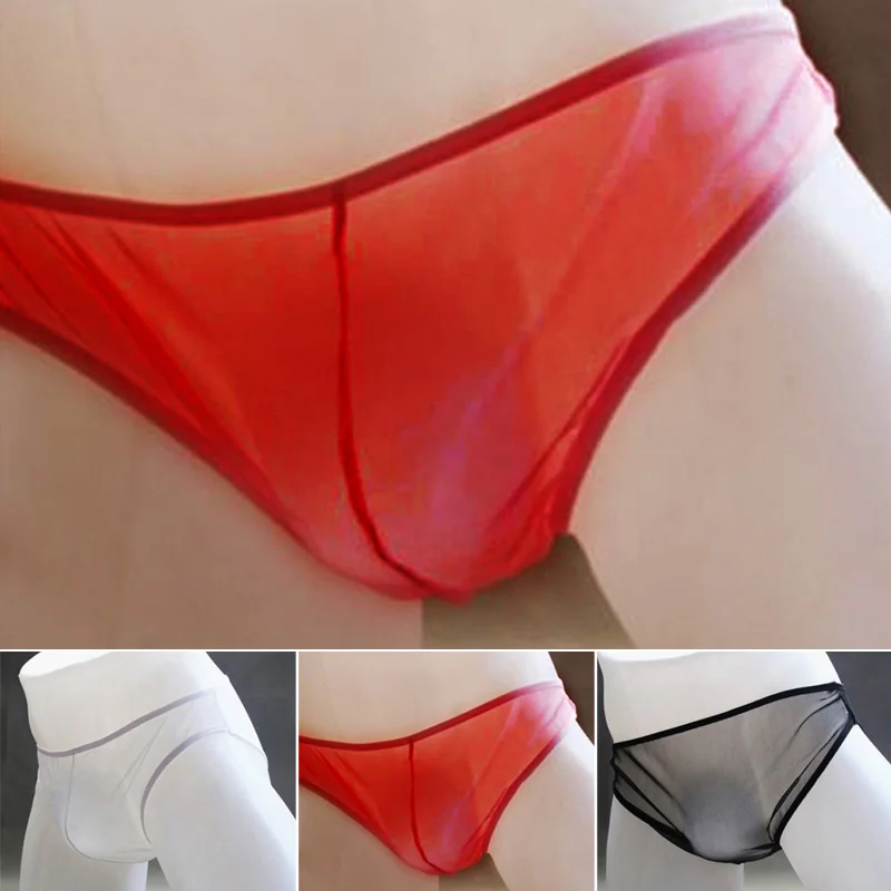 Men's Sexy Underwear Ultrathin Tulle Netting Transparent Elastic Lingerie Briefs Underpants Panties Black Red White One Size