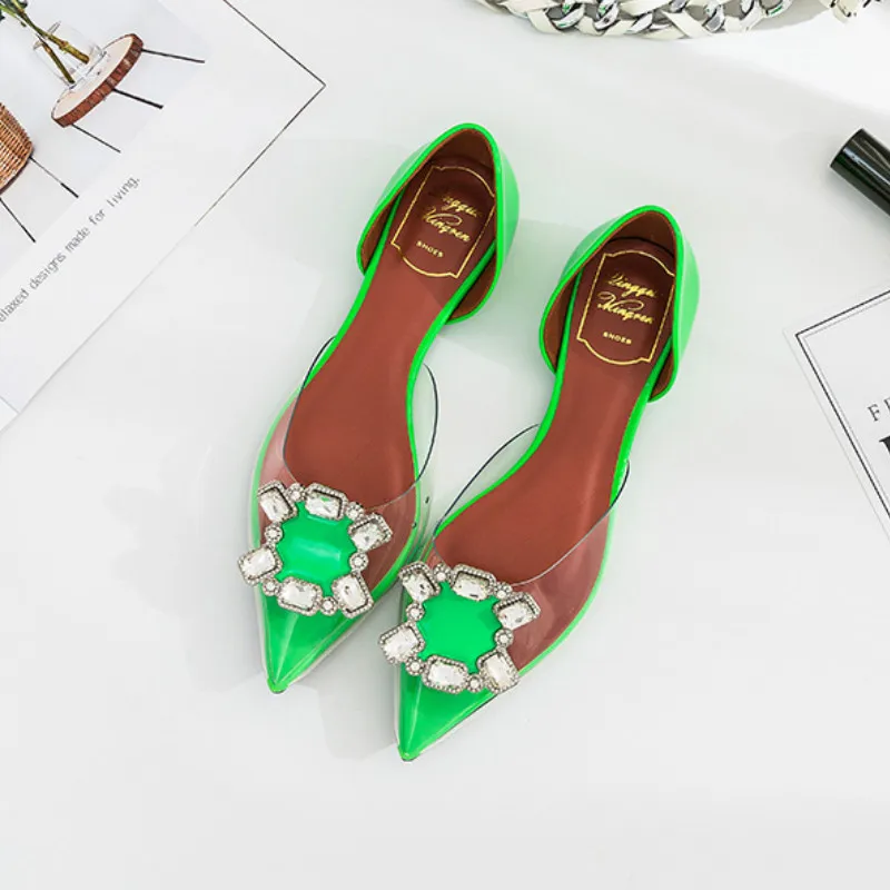 Женская обувь на плоской подошве; прозрачная обувь из ПВХ со стразами; Новинка года; женские удобные кроссовки на плоской подошве с металлическим острым носком; лоферы - Цвет: Зеленый