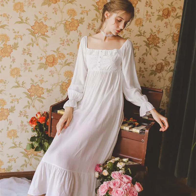 Осенняя одежда для сна в стиле ретро, белая хлопковая ночная рубашка размера плюс, Женская домашняя одежда, ночная рубашка, Дамское ночное белье, ночная рубашка T537 - Цвет: Белый