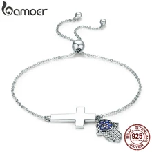 BAMOER, 925 пробы, серебряный, Хамса, рука и крест, Вера, сила, на шнуровке, женский, звено, браслет, Стерлинговое Серебро, ювелирное изделие, подарок SCB028
