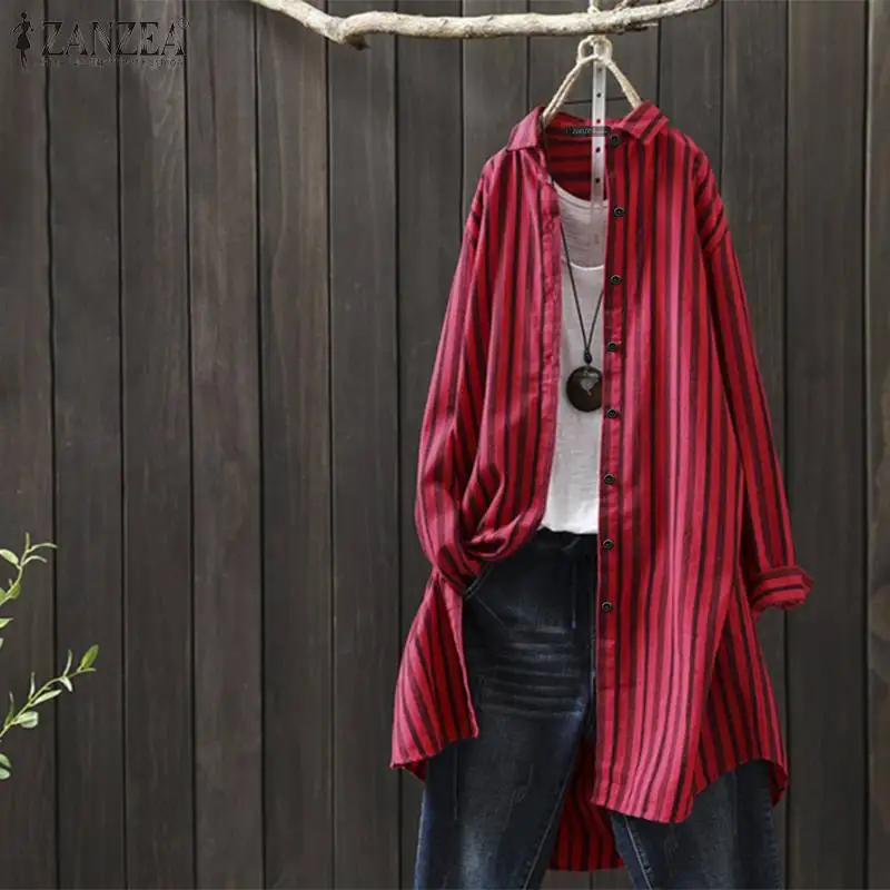Топы Blusas ZANZEA Женская хлопковая льняная полосатая рубашка с принтом Осенняя Женская Повседневная Туника с отворотом для женщин размера плюс 5XL