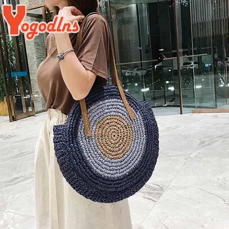 Yogodlns Summer Straw Bag Women Round Beach Bag Woven Handmade Rattan Shoulder Vacation Large Capacity Handle Bolso Sac