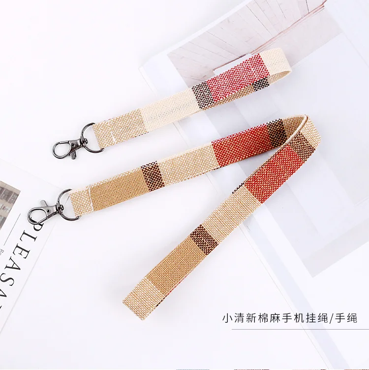 New Style Length Mobile Phone Lanyard Plaid Cotton And Linen Ribbon Employee Documents Work Card Sling Screen Printing-Logo Cust