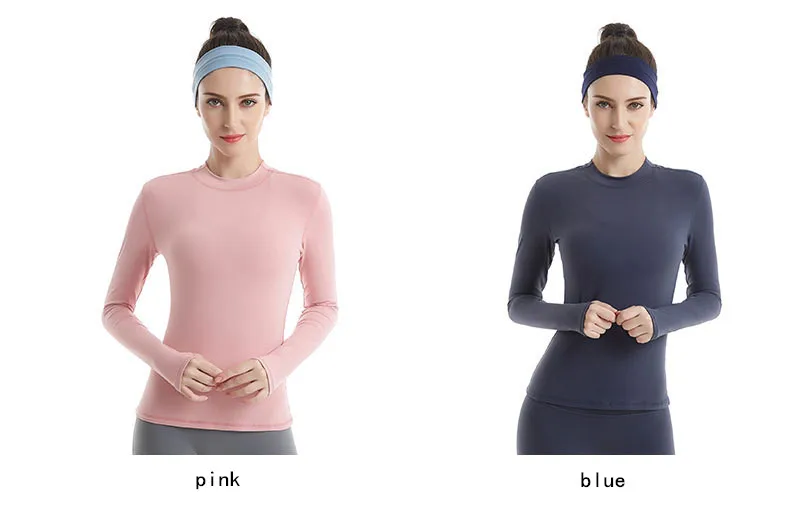 CretKoav Autumn New High Collar Yoga Top Long Sleeve T-shirt Women Elastic Slim Thumb Hole Solid Color Running Sport T-Shirt