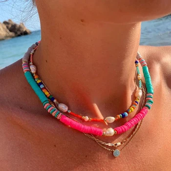 

Dvacaman Newly Fashion Soft Pottery Choker Necklace For Women Bohemian Adjustable Colorful Clay Collar Shell Necklace Beach 2020