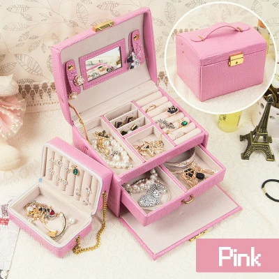 Pink RANO RN-JB19 Многофункциональная Кожаная Шкатулка для ювелирных изделий трехуровневая коробка для свадебных ювелирных изделий Коробка для хранения подарка сумка на молнии - Цвет: Pink