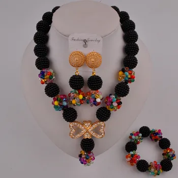 

black and multicolors nigerian wedding african beads jewelry set crystal and simulated pearl FZZ102