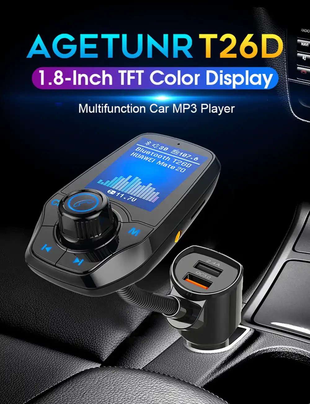 T26d New Car Mp3 Bluetooth Fm Transmitter With Dual Usb Qc3 0 Fast