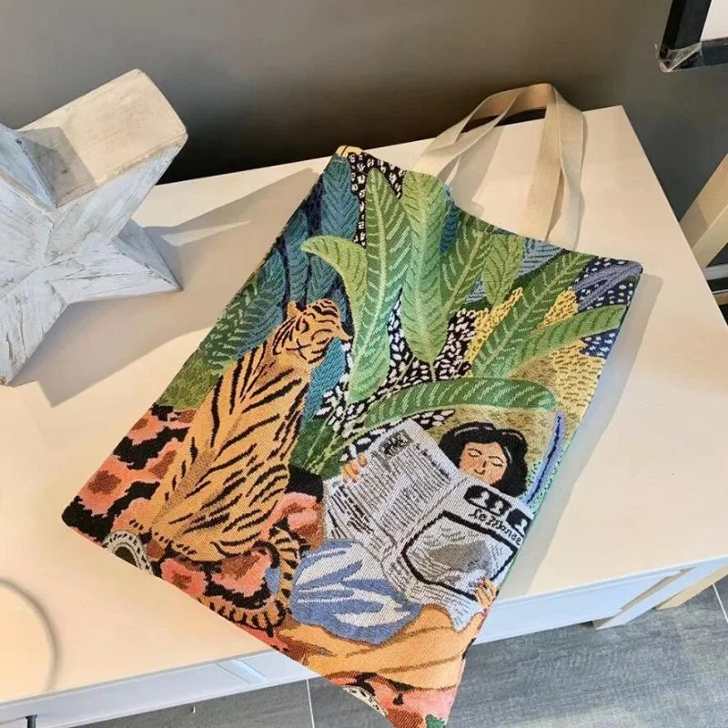 

Embroidery Tote Bags New Reusable Shopping Bag Jacquard Canvas Shopping Bag Large Folding Tote Unisex Jacquard Canvas Tote Bag