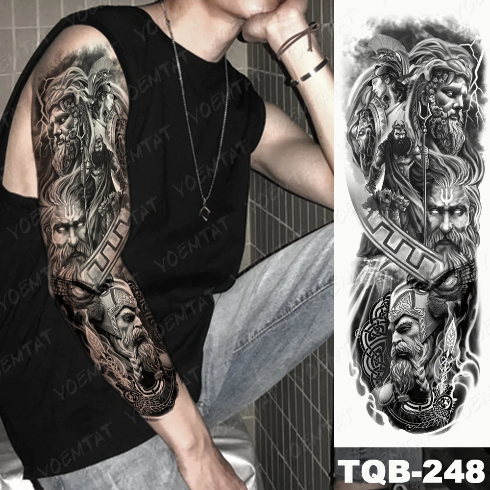 Waterproof Temporary Full Arm Tattoo Sticker Greek God Indian Egyptian Skull Flash Tattoos Man Body Art Fake Sleeve Tatto Female - AliExpress