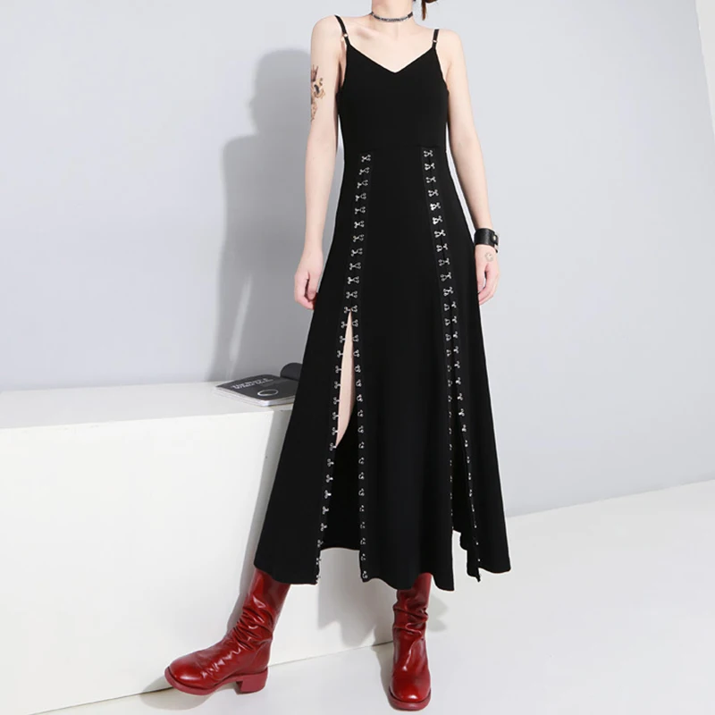 InsGoth женское сексуальное длинное платье Черное вечернее Макси платья готическое панк без рукавов выдалбливают элегантное тонкое женское платье - Цвет: Black