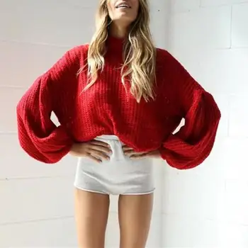 

Autumn Women Casual Solid Sweater Turtleneck Long Sleeve Knitted Sweater Lantern Loose Soft Sweater Red Grey Black