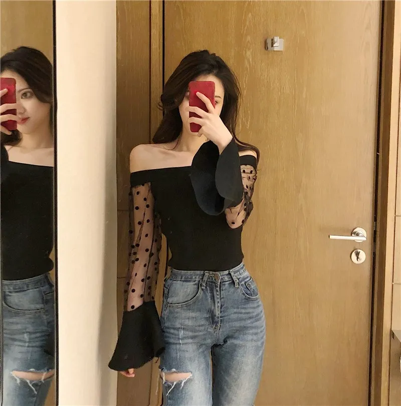 WHITNEY WANG Autumn Fashion Streetwear Sexy Slash neck See Through Mesh Patchwork Knitted Slim Tops Women t shirt