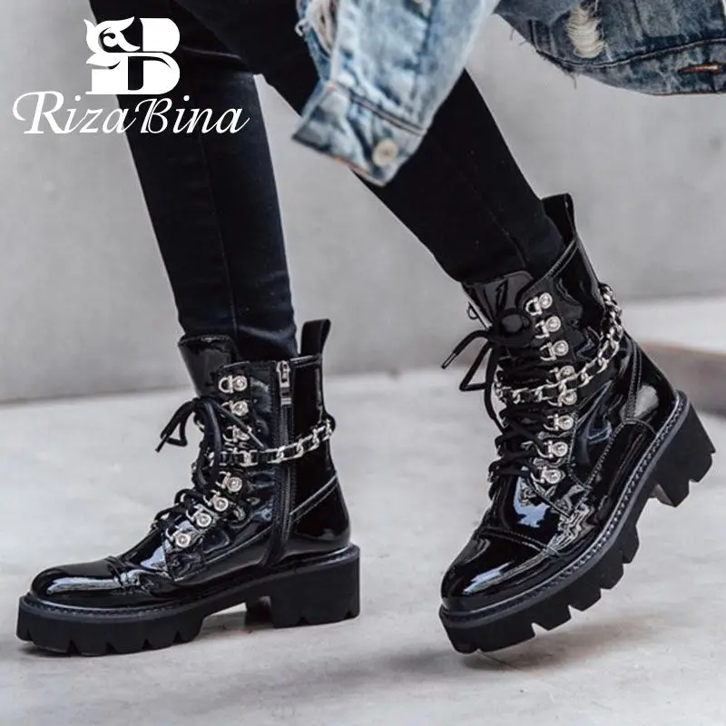 

RIZABINA Women High Heels Ankle Boots Winter Patent Genuine Leather Platform Shoes Woman Designer Gothic Boots Size 34-39