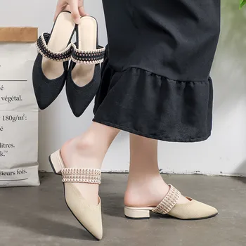 

2019 Hot Sale Elegant Slippers Women's Fashion Casual Slip On Pointed Toe Square Heels Shoes Outdoor Slippers Chaussures Femme